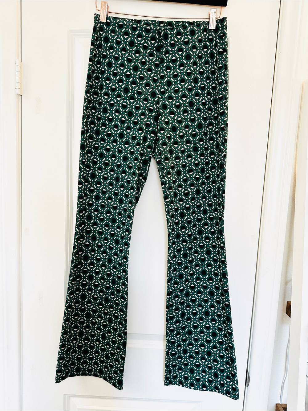 Zara Dark Green Geometric Flare Pants 70s Retro Mod Size Large